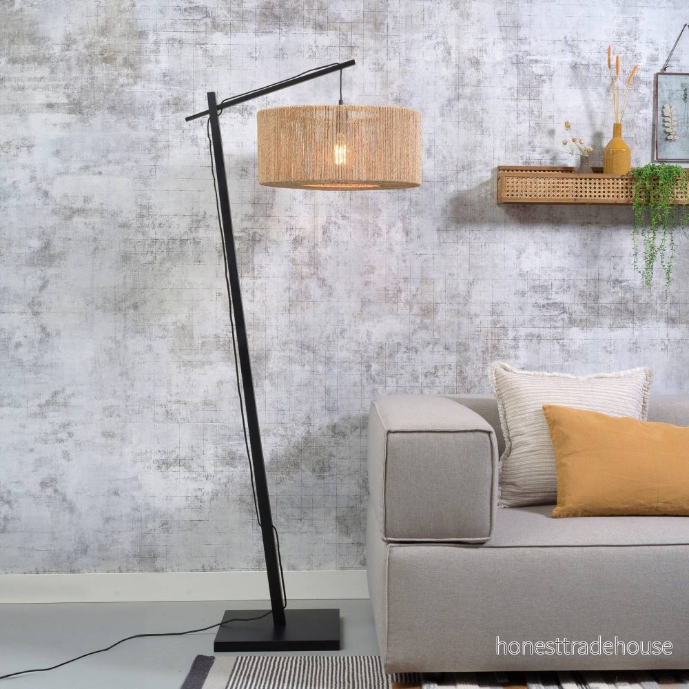 Good & Mojo & golvlampa Iguazu, natur/svart, Ø50cm, cylinder 8716248084130