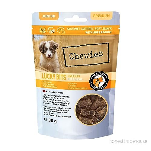 Chewies Lucky Bits nötkött & kyckling junior hund godis för valpar hundgodis spannmålsfri mjuk med massor av protein och supermat som öljäst eller ginkgo, utan socker (80 g) 4260688854852