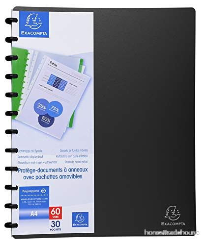 Exacompta Ref 86351E 1 löstagbar ringpärm med 30 löstagbara fickor 60 vyer för A4 storlek 24,5 x 31 cm ogenomskinlig hård pärm färg svart 3130630863519