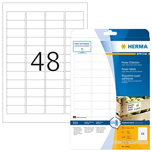 HERMA 10902 power etiketter A4 små, set med 32 (45,7 x 21,2 mm, 800 ark, papper, matt) självhäftande, utskrivbara, extremt stark häftande universella etiketter, 38 400 klistermärken, vit 4008705874731