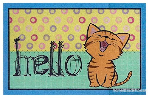 Hanse Home Tryckt dörrmatta flockad 3D utseende med halkfri PVC golv smutsfångande matta smutssamlare entrématta, inomhus och utomhus olika motiv 45 x 70 cm, färg: Hello katt 4260669875678