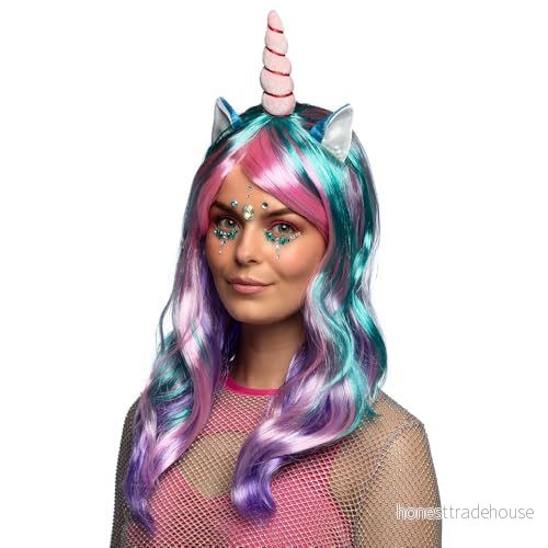 Boland 85818 Peruk enhörning dagdröm med öron och horn, långt hår rak, karneval, halloween, temafest, utklädnad, teater 8712026858184
