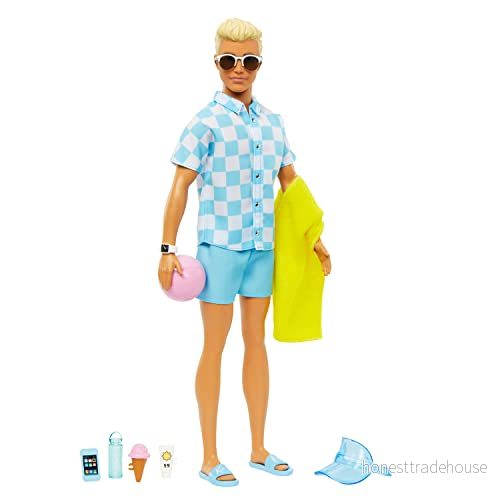 Blond Ken docka med blå skjorta och badbyxor, solskärm, handduk tillbehör strandtema HPL74 194735162437