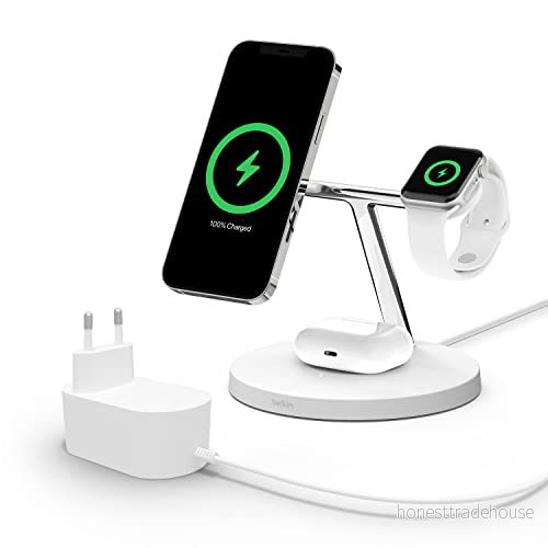 Belkin BoostCharge Pro 3 i 1 trådlös laddare med MagSafe för iPhone 15, 14, 13, 12 + Apple Watch AirPods, laddar 15 och 14 modeller magnetisk upp till 15W 745883819478
