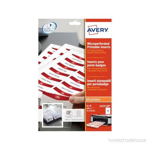 Avery L4727 20 utskrivbara namnbricka påfyllningar (90 x 54 mm inlägg) vit, förpackning med 200 5014702001192