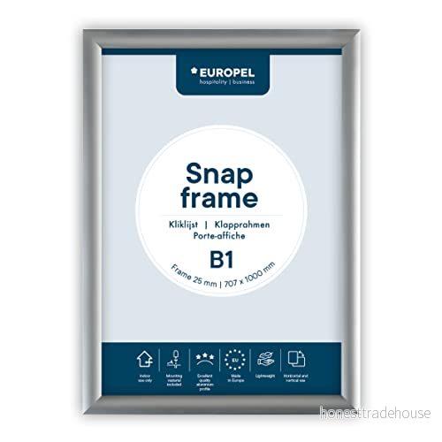 EUROPEL Snäppram B1, 25 mm anodiserad aluminiumkonstruktion och anti bländningsskydd Clip affischhållare för detaljhandel reklamskärmar anslagsskylt, tavelram väggar 8713931350213