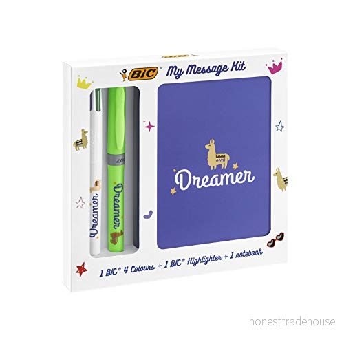 BIC 972091 Pennmaterials set: 1 kulspetspenna med 4 färger, anteckningsbok och överstrykningspennor i rosa, My Message Kit Dreamer 3086123558854