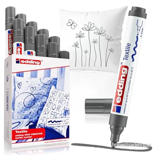 edding 4500 textilmarker grå 1 penna rund spets 23 mm permanenta tygmarkers för att rita på textilier, tål maskintvätt i upp till 60 C märkpennor text tyg 4004764026784