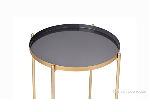 LIFA LIVING Ella Soffbord, Runt Sidobord av Guldmetall, Retro Fotpall, Modernt slutbord, Grått Sängbord, Brickbord för Vardagsrum och Sovrum, 37.5 x 47.5 cm 8719743325067
