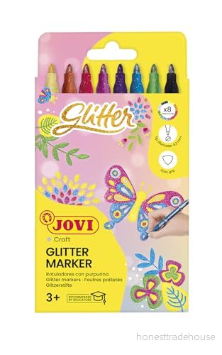 Jovi GLITTER pennor, Box med 8 Assorted Colors glittereffekt, Mycket stark och resistent spets, Bläck gjord av matfärger (1608G) 8412027030922