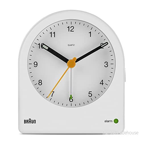 Braun Classic Analogue Alarm Clock with Snooze and Continuous Backlight, Quiet Quartz Movement, Crescendo Beep in White, model BC22W. 5013348620552