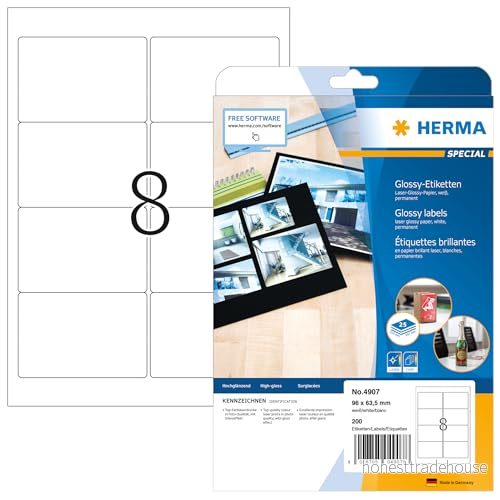 HERMA 4907 högblanka etiketter A4 (96 x 63,5 mm, 25 ark, papper, glansig) självhäftande, utskrivbara, permanenta högglansetiketter, 200 klistermärken, vit 4008705049078