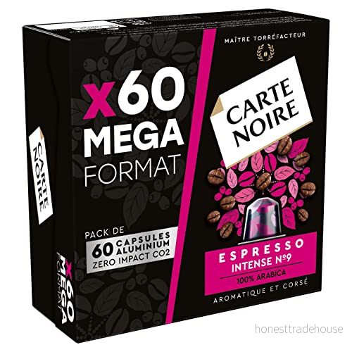Carte Noire, Espresso Intense, Nespresso kompatibla aluminiumkapslar, 1 paket med 60 kaffekapslar, 100% arabica, torkade frukter och chokladanteckningar, intensitet 9/10, rik varaktig smak 8000070059450