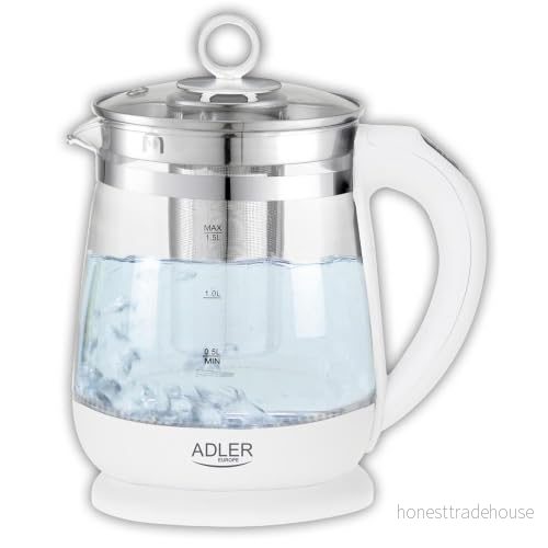 ADLER AD 1299 elektrisk vattenkokare av glas 1,5 liter, upplyst interiör, tesil, temperaturkontroll från 60 till 100 C, trådlös, BPA fritt glas, automatisk avstängning, 2 200 W, vit 5903887804615