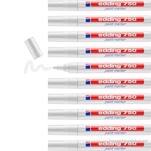 edding 750 lackmarkörer vit 10 pennor rund spets 24 mm färgpenna för märkning och av metall, glas, sten eller plast värmebeständig, permanent, tork vattentät 4004764425884
