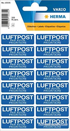 HERMA 15035 varning etiketter med ”LUFTPOST” tryck (40 x 12 mm, 20 ark, papper, matt) självhäftande, permanenta varningsskylt, 320 klistermärken, blå 4008705150354