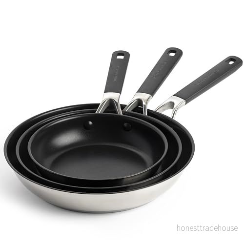 KitchenAid Classic rostfritt stål PFAS-Free Healthy Ceramic Non-Stick 3-delad stekpanna set, 20 cm, 24 cm och 28 klädd, induktion, stay-coolt handtag, ugnssäker upp till 160 C, silver 4895156697763