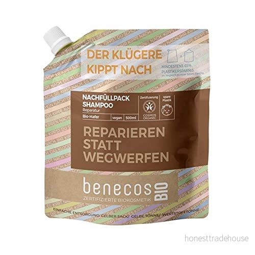 BenecosBIO påfyllningspåse schampo normalt hår ekologisk havre reparera istället för att kasta bort vegansk återvunnen plast 4260198096636