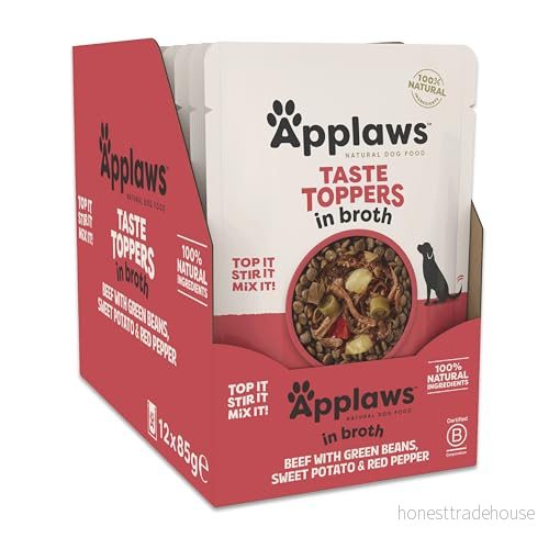 Applaws Taste Toppers 100% naturlig våt hundmat topp, spannmålsfritt nötkött med grönsaker i buljong 85 g påse (12 x påse) 5060481898386