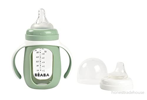 BÉABA, dryckesmugg 2 i 1, glas, silikonfodral, robust, hälsosam, 100% vattentät, avtagbara handtag, 210 ml, salviagrön 3384349135379