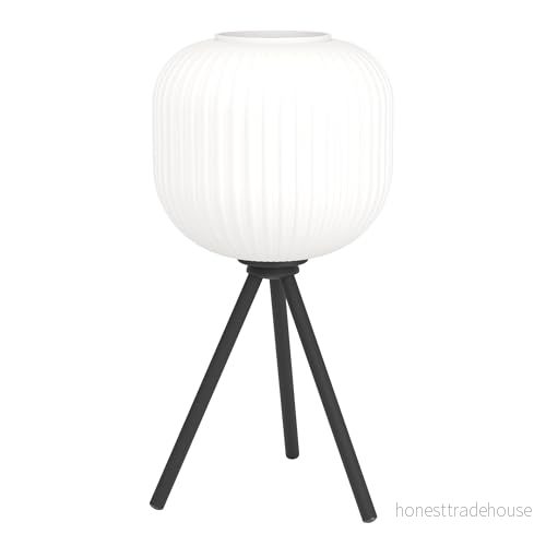 EGLO bordslampa Mantunalle, trebensstativ sängbordslampa skandinavisk, av glas i vitt och metall svart, lampa vardagsrum sovrum med strömbrytare, E27 uttag 9002759993696
