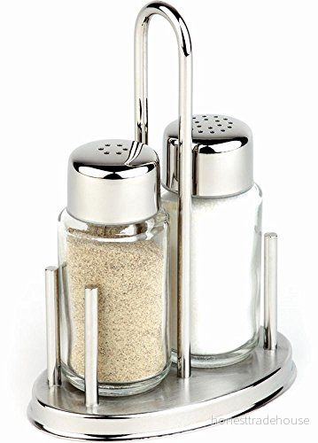 APS 40310 CLASSIC salt och peppar menage, set av ram rostfritt stål 2 glasshakar, 10,5 x 6,5 16 cm 4004133403109