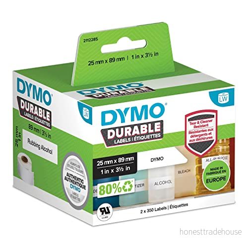 Hållbara DYMO LabelWriter originaletiketter 25 mm x 89 Vit poly 2 rullar med 350 etiketter (700 självhäftande etiketter) Hög prestanda För etikettskrivare 3026981122859