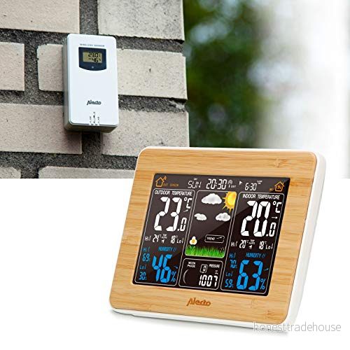 Alecto WS 1560 Trådlös väderstation med färgdisplay och utomhussensor inomhus utomhustemperatur luftfuktighet barometer animerad väderprognos trä 8712412585410