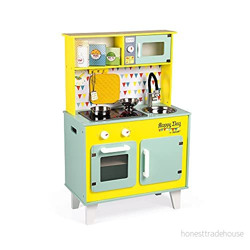Janod Big Wooden Play Kitchen Happy Day With Fridge and Microwave Oven, Sound Light Pretend Toy 7 Accessories Included From 3 Years Old, J06564 3700217365646 Janod Big Wooden Play Kitchen Happy Day With Fridge and Microwave Oven, Sound Light Pretend Toy 7 Accessories Included From 3 Years Old, J06564 3700217365646