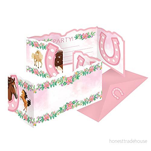 Amscan 9909886 inbjudningskort häst, 8 kort med rosa kuvert, inbjudning, barnfödelsedag, temafest, karneval 194099037976