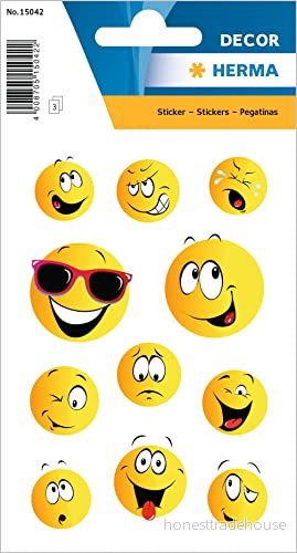 Herma 15042 dekal ”Happy Face” av papper, självhäftande klistermärke för pojkar, flickor, småbarn och födelsedagar, 33 Emoji barn 4008705150422