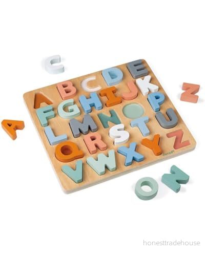 Janod Wooden Alphabet Puzzle 26 Pieces Sweet Cocoon Collection Early Learning and Years Toy, Water Based Paint Teaches The Writing Ages 2 Up, J04412 3700217344122