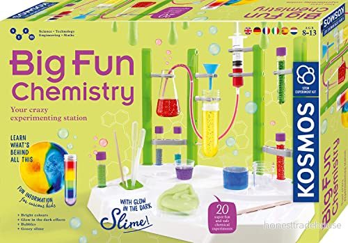 KOSMOS Big Fun Chemistry den galna kemistationen, experimentlåda, laboratorium för barn från 8 år, levande slem, bubblande vätskor, skiftande färger, flerspråkig instruktioner 4002051616991