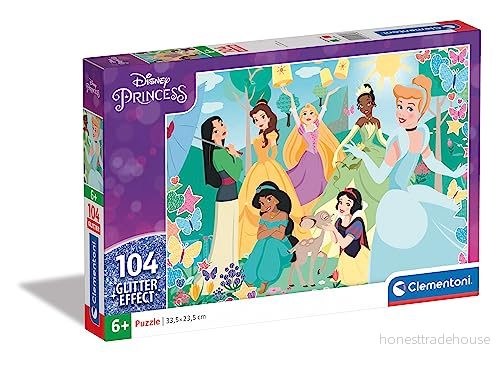 Clementoni Disney Princess Glitter 104 stycken tillverkad i Italien, barn 6 år, tecknade serier, prinsessor, supercolor pussel, flerfärgad, Medium, 20346 8005125203468