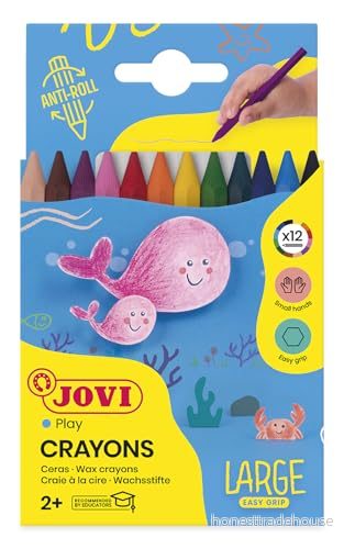 Jovi Large Easy Grip Crayons, Etui med 12 sexkantiga plastkritor, Diverse färger, Hög prestanda, Idealisk för barn, Glutenfri (912) 8412027000239