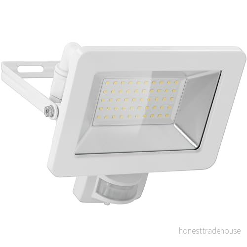 goobay 53884 LED strålkastare rörelsedetektor utomhus 50 W/PIR sensor utomhusstrålkastare IP44/neutralt vitt ljus 4250 lm/LED väggmontering/trädgårdsstrålkastare/vit 4040849538841