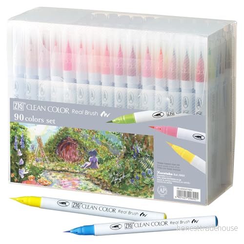 Kuretake Zig Clean Color Real Brush Set med 90 färger, AP certifierad, flexibel penselspets, professionell kvalitet, luktfri, Xylenfri, lätt att skapa smala och breda linjer, tillverkad i Japan 4901427296921