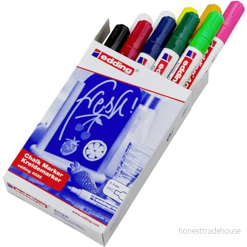 edding 4095 kolmarker flera färger (standard) 5 kolmarkers rund spets 23 mm vattenlöslig penna med medium för krittalvor, fönster, glas, speglar flytande kolmärkpennor, opak täckning 4004764916887