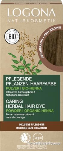 LOGONA Naturkosmetik närande vegetabilisk hårfärg, veganskt hårfärgspulver med ekologisk henna för intensiv färg och glans, växthårfärg i askbrun (brun), 1 x 100 g 4055297148979