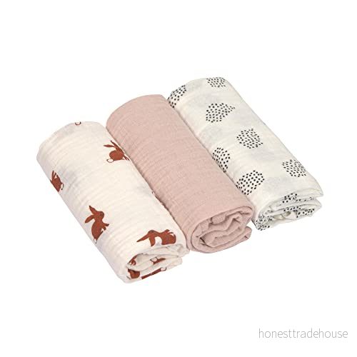 LÄSSIG Babyfilt barnomsorgslakan, set med 3 bomullsark, 60 x cm/swaddle & burp filt M liten skog kanin 4042183434841