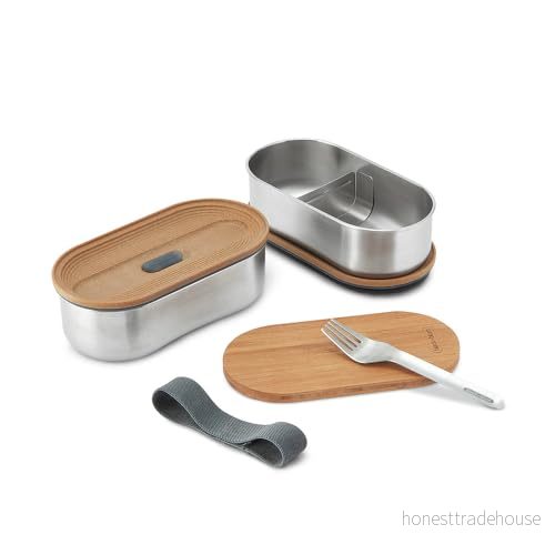 BLACK+BLUM Bento Box rostfritt stål stapelbar lunchlåda med läckagesäker, lätt, multifunktionellt bambulock, gaffel ingår diskmaskins och fryssäker, skiffer 2 x 500 ml 5060089726463