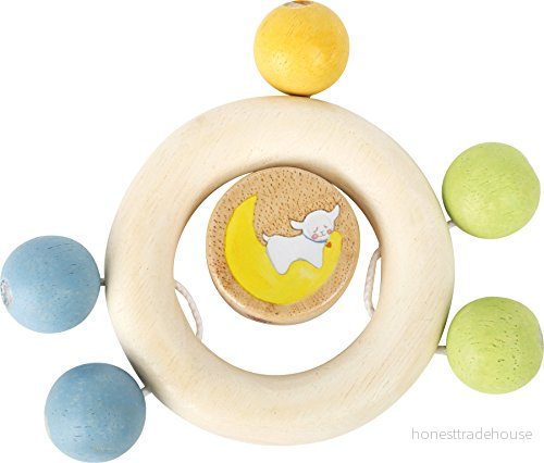 liten fot baby 10513 trägreppsleksak med pastell, skallrande element på ringen och roterande skiva gula stjärnor moln i mitten, tillverkad av färgfast salivbeständigt material 4020972105134