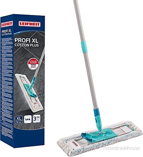 Leifheit Ryggvänlig golvmopp professionell XL bomull plus, stålhandtag 146 cm, mopp med fotklick, för kakel runt stengolv, 360 vridlänk, klicksystem, miljövänlig kartong, vit 4006501554567