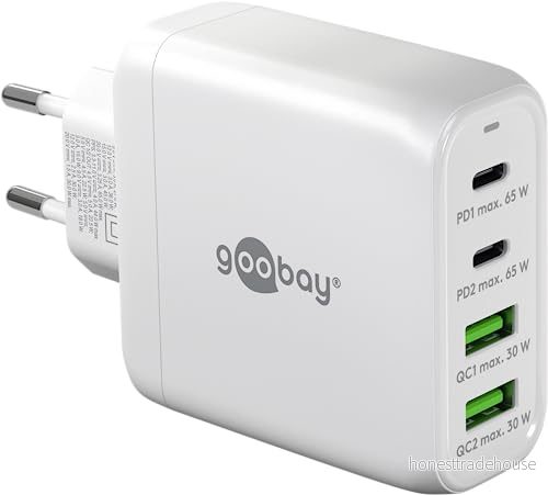 Goobay 64818 snabbladdare med flera portar USB C PB (65W) / 2X A ingång/med 2 x PD (Power Delivery)/GAN laddare/kompatibel iPhone, Samsung, Xiomi/Vit 4040849648182