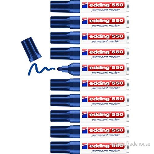 edding 550 permanent markör blå 10 stift rund spets 34 mm vattentät, snabbtorkande friktionsbeständig för kartong, plast, trä, metall, glas 4004764023844