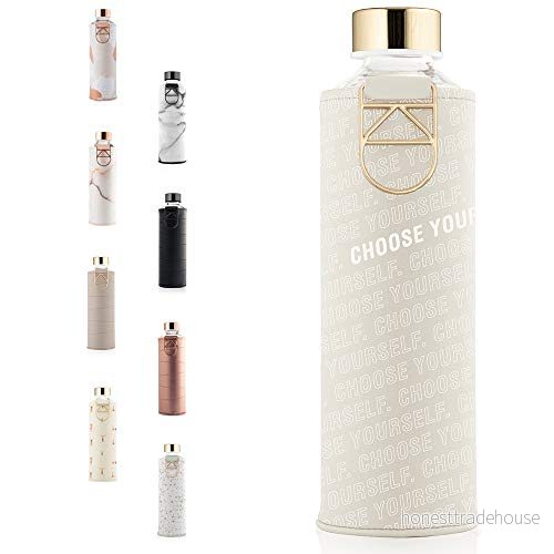 EQUA Glas vattenflaska med konstläder, 750 ml, läckagesäker och BPA fri, 100% borosilikatglas, mm faux CY, vit 3830054682221