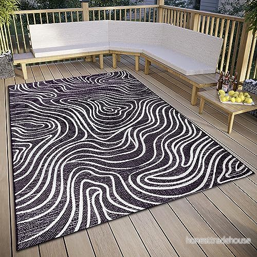 ELLE Decoration Calé in och utomhatta design platt tyg modernt mönster, väderbeständig för vardagsrum, hall, balkong, terrass, trädgård svart kräm, 77 x 150 cm 4262377779743