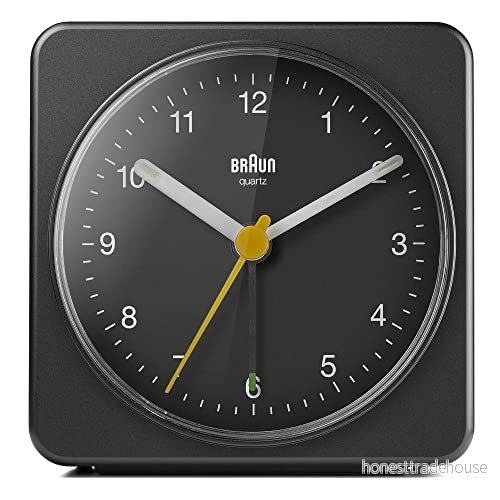 Braun Classic Analogue Alarm Clock with Snooze and Light, Quiet Quartz Sweeping Movement, Crescendo Beep in Black, model BC03B. 5013348618702