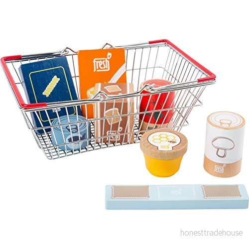 Liten fot 11443 matvaror shoppingkorg färskt gjord av trä, set som tillbehör för barnkök och lekbutiker leksaker, flerfärgad 4020972114433