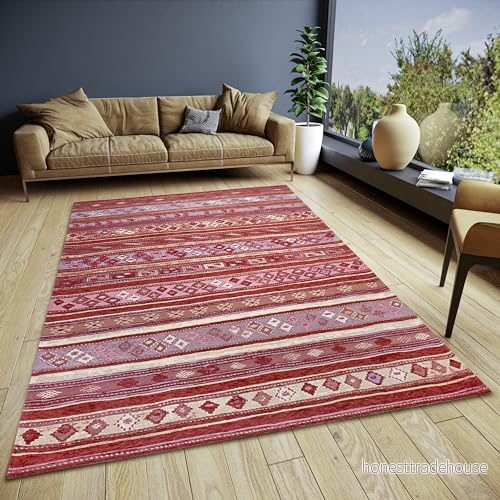 HANSE Home Yara design matta boho platt vävd bohostil, halkfri undersida, vintage högkvalitativt för vardagsrum, sovrum, matsal, hall röd multifärger, 120 x 180 cm 4068226000576